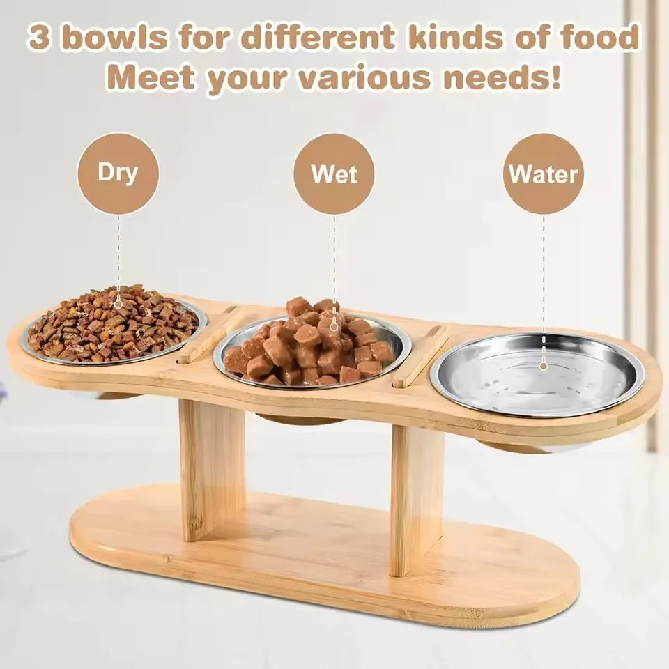 Elevated Cat Bowls - Set of 3 stainless steel Pet Food Bowls with Anti-Slip Wooden Stand - 15 degree tilt Cat accessories