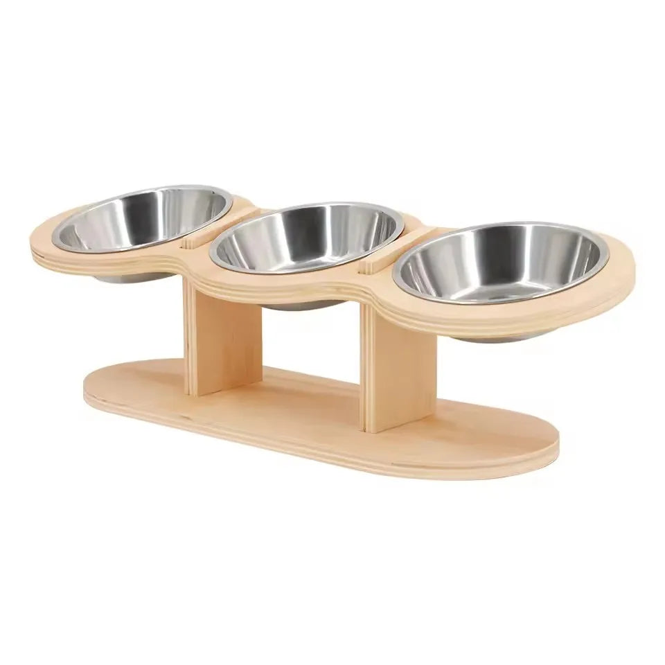 Elevated Cat Bowls - Set of 3 stainless steel Pet Food Bowls with Anti-Slip Wooden Stand - 15 degree tilt Cat accessories