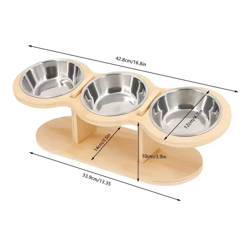 Elevated Cat Bowls - Set of 3 stainless steel Pet Food Bowls with Anti-Slip Wooden Stand - 15 degree tilt Cat accessories