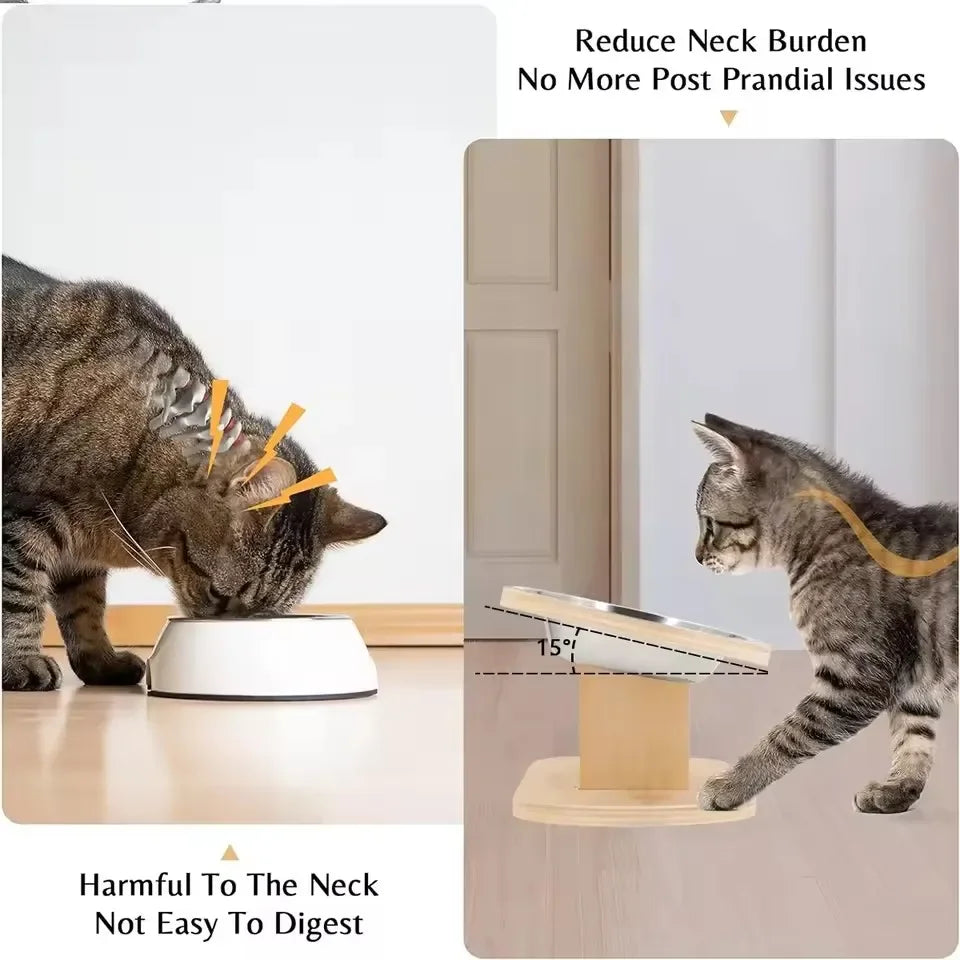 Elevated Cat Bowls - Set of 3 stainless steel Pet Food Bowls with Anti-Slip Wooden Stand - 15 degree tilt Cat accessories
